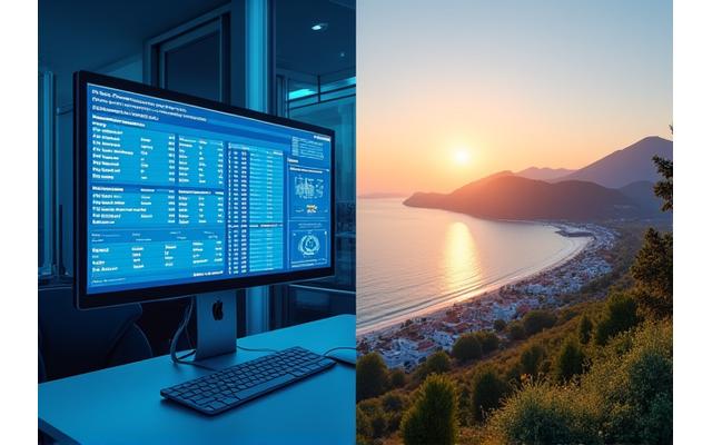Kuşadası Ticaret Merkezi'nde Yuva Barındırma ofisi ve Ege Denizi manzaralı harita