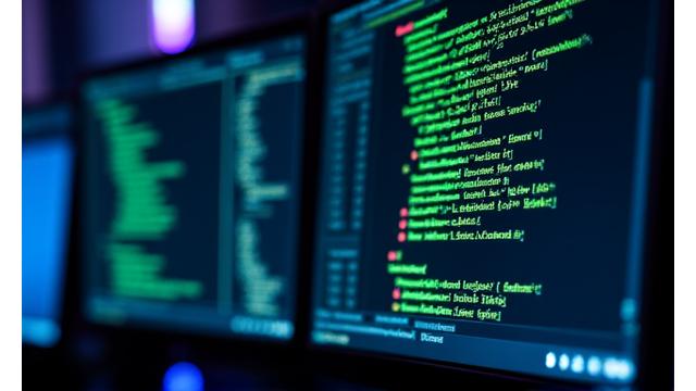 Bir monitörde komut satırı arayüzü ve API sembolleri gösteren kod parçaları.