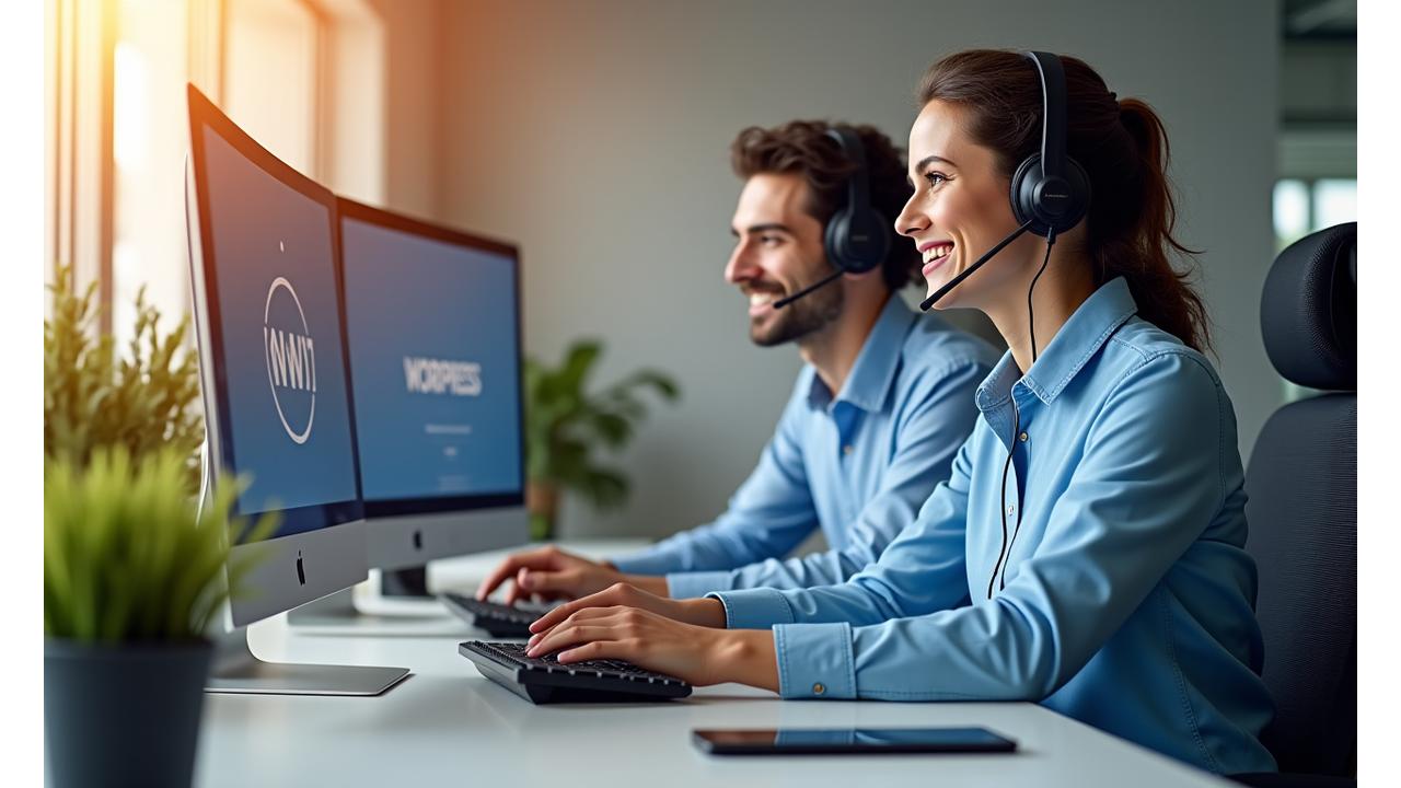 Modern bir ofiste bilgisayar başında çalışan güler yüzlü WordPress uzmanı destek ekibi