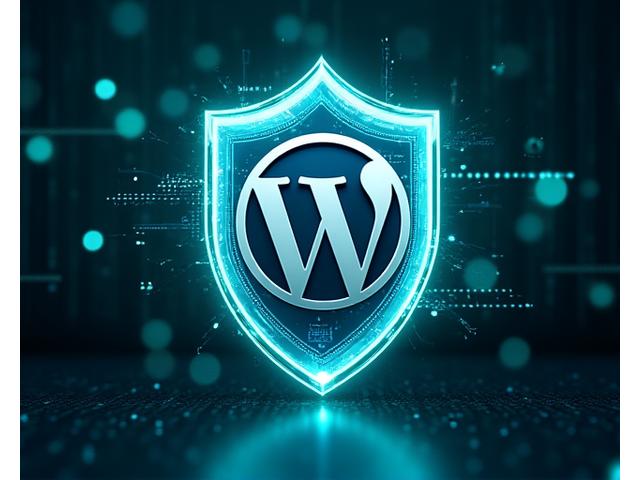 WordPress logosunun etrafında kalkanlar ve koruyucu katmanlar, güvenliği simgeliyor