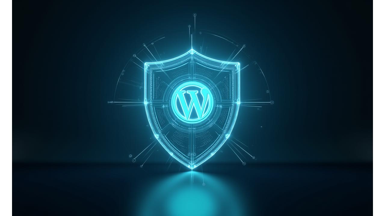 WordPress logosu üzerinde bir güvenlik kalkanı ve çok katmanlı koruma sistemini gösteren soyut grafikler